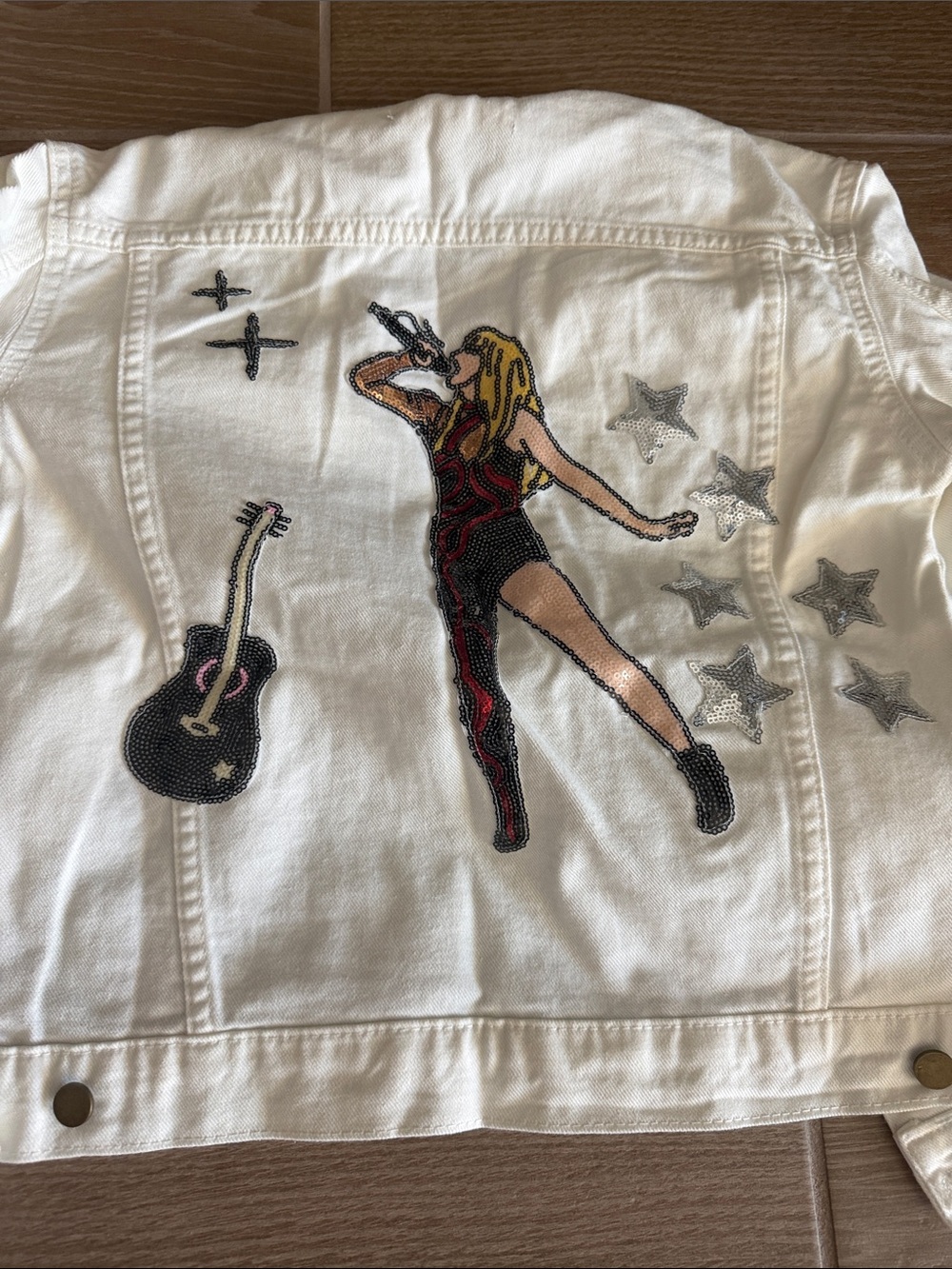 Ellery White Denim Jacket with Sequin Singer and Guitar Appliqués